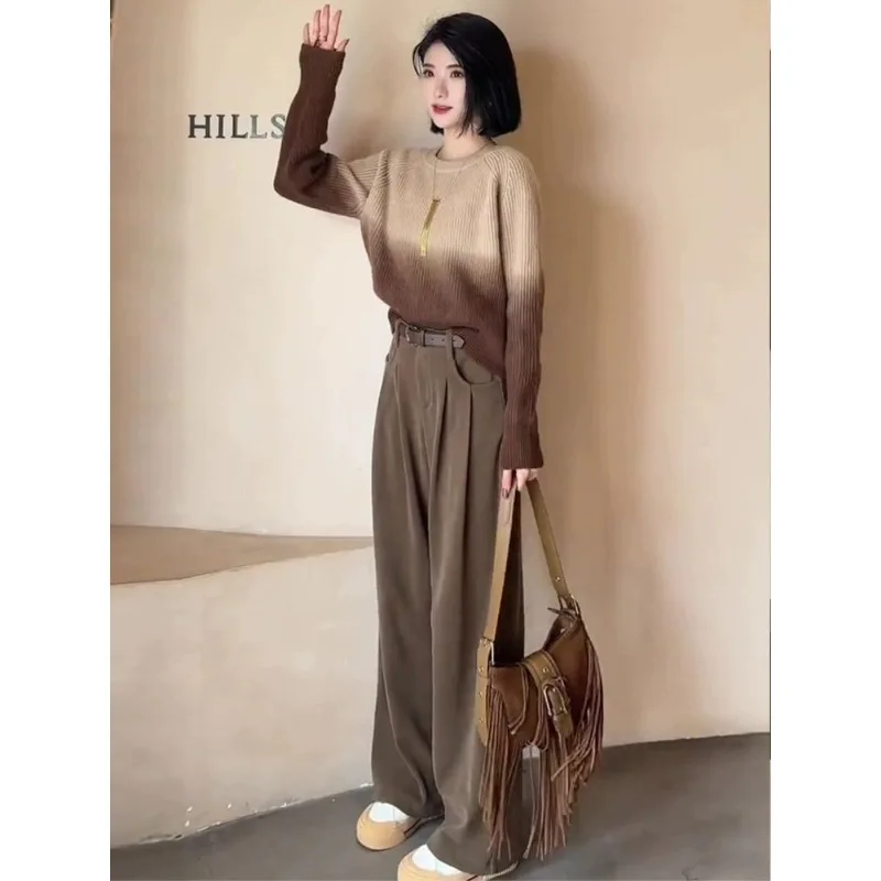 Women's Autumn Winter Gradient Sweater Wide Leg Pants Two Piece Set Lady Fashion Knit Pullover Tops Brown Trousers Outfits 2024
