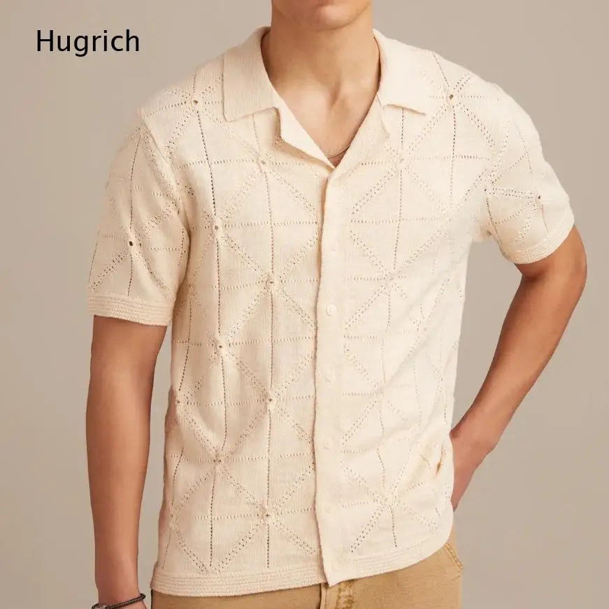 Openwork Mesh Triangle Pattern Lapel Collar Lightweight Vacation Golf Daily Casual Knit Overshirt