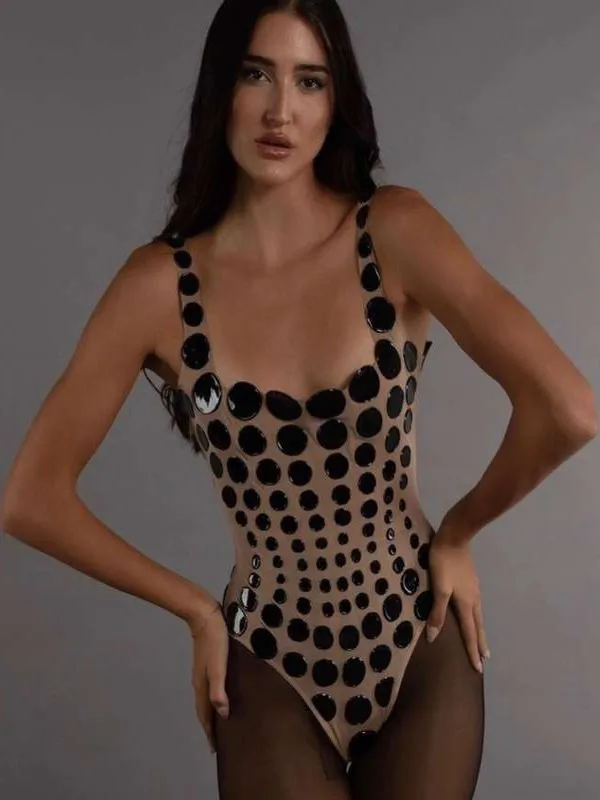 Mono ajustado de lunares de cintura alta, traje de baño de una pieza baja Svel, tela de poliéster, diseño estampado fino de verano