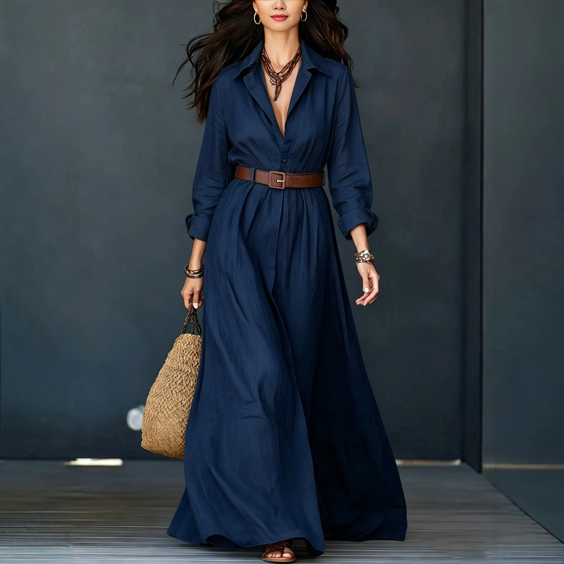 2026 Autumn. Collection: Women’s Cotton And Lines Shirt Dress, Featuring A Mandarin Necklace Long Sleeves, A Fixed Waist, And A