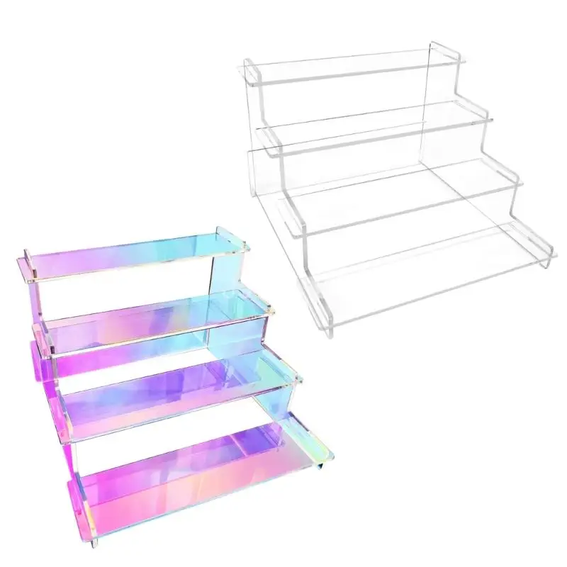 

Q6PE Iridescent Acrylic Display Risers Rainbow Clear Jewelry Display Riser 4 Tiered Tabletop Rainbow Shelf Showcase Display