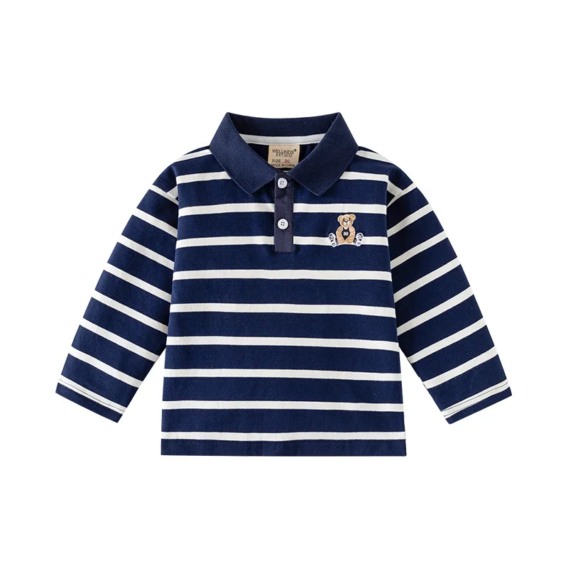 Autumn Children Boy Long Sleeve Polo Shirt Striped Embroidered Turndown Collar Kid Boy Top Casual Cotton Toddler Boy Base Shirt