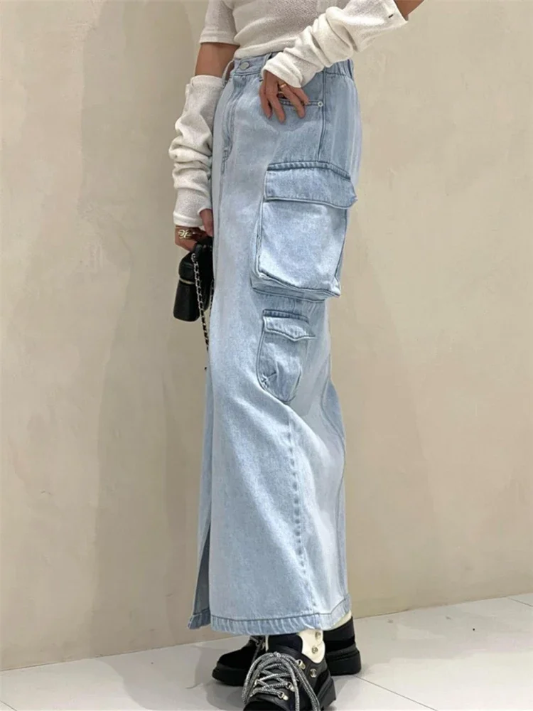 REALEFT วินเทจสูงเอวด้านหน้าแยกผู้หญิง Cargo DENIM กระโปรง 2024 ฤดูใบไม้ผลิฤดูร้อนใหม่แฟชั่นกางเกงยีนส์ A-Line กระโปรงหญิง