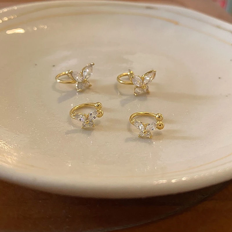 1Pair Shinning Zircon Big/Small Butterfly Ear Clip Earrings Crystal No Piercing Ear Cuff Women Fake Piercing Ear Wrap