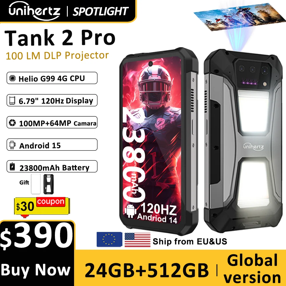 Unihertz tank 2 Pro 8849 rugged smartphone with projector 2.4K 23800 mAh 24GB + 512GB mobile phone Android 14 100MP NFC cell phone