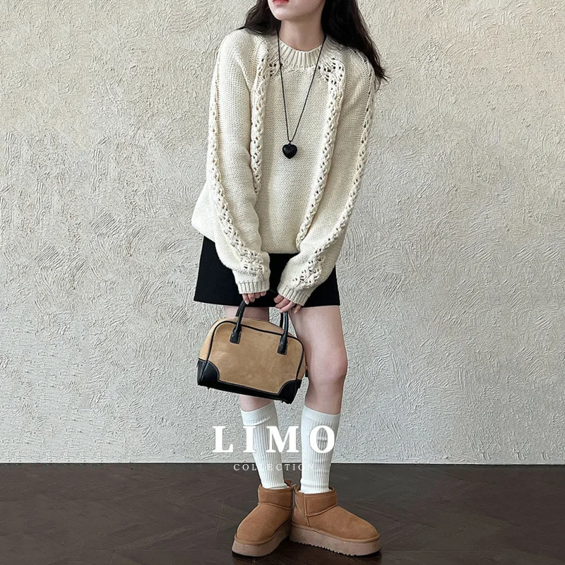 

LIMO корейский стиль атмосфера ажурный пуловер с капюшоном свитер для женщин осень мягкий шерстяной ленивый толстый вязаный свитер