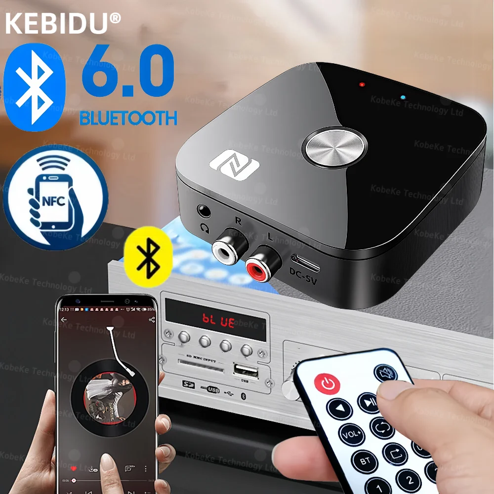 KEBIDU NFC Bluetooth 6.0 Audio Receiver 3.5mm AUX R/L RCA Stereo Lossless Music Wireless Adapter USB U-Disk Play Remote Control