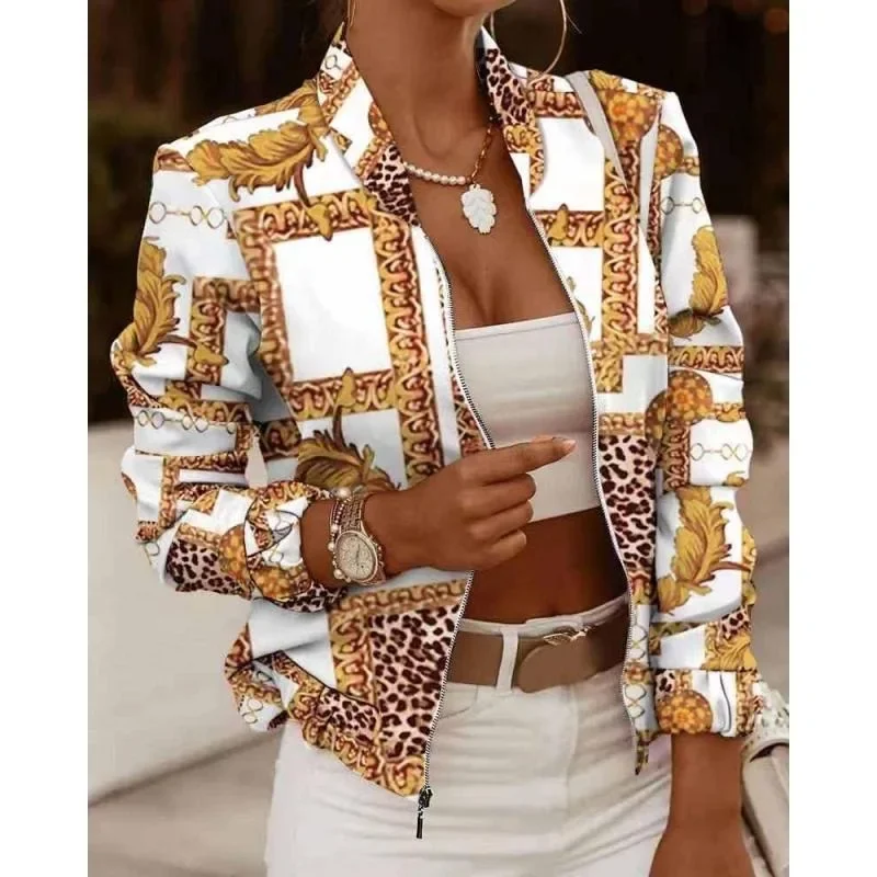 

Fashion Women V-neck Jackets Slim Short Coats Autumn Vintage Print Long Sleeve Zipper Thin Jacket 2025 Casual Female Jacket