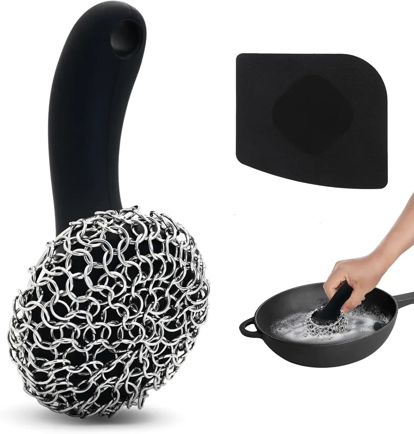 

Long Handle Cast Iron Scrubber with Silicone Base and ABS Scraper - Dishwasher Safe Cleaning Kit