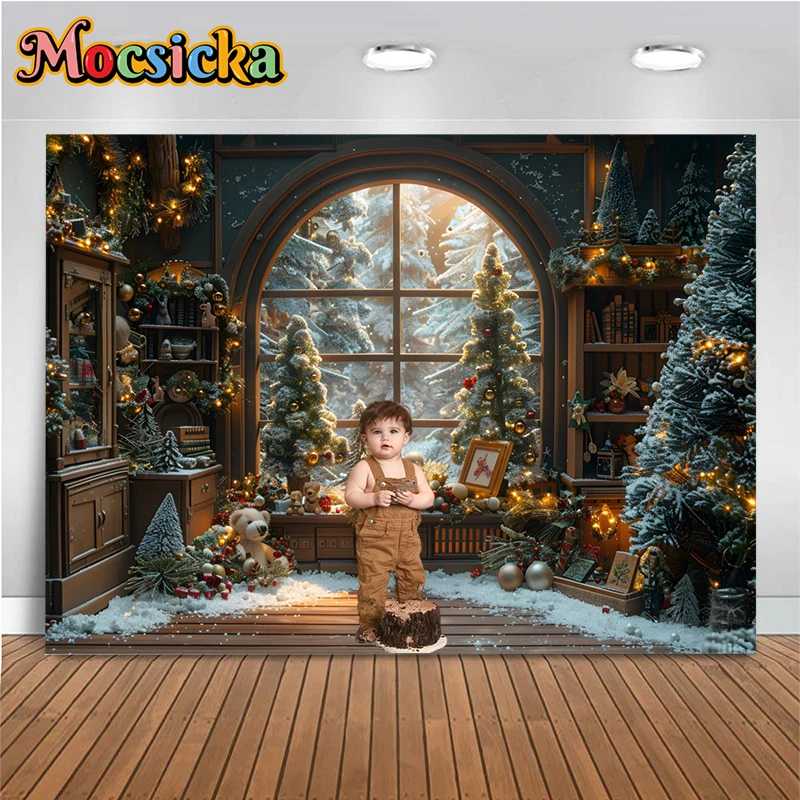 

Mocsicka Christmas Tree Photography Backdrops Wooden House Bear Window Baby Backgrounds Party Home Decorations Fond Photo Studio