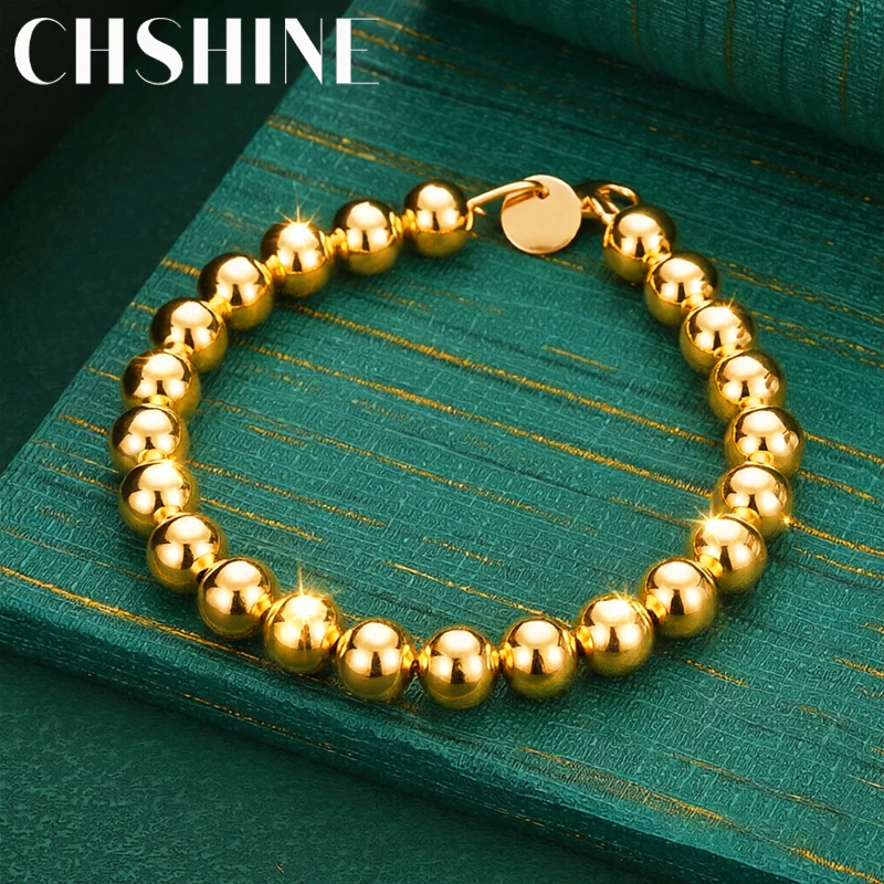 925 Sterling Silber 18K Gold 8MM Glattes Perlenarmband für Damen Hochzeit Party Mode Klassischer Schmuck