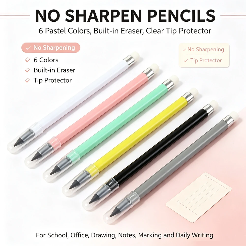 6Pcs/Set Eternal Pencil, Unlimited Writing HB Pencil, No Ink, Reusable Art Drawing Pen for School Office Stationery Supplies