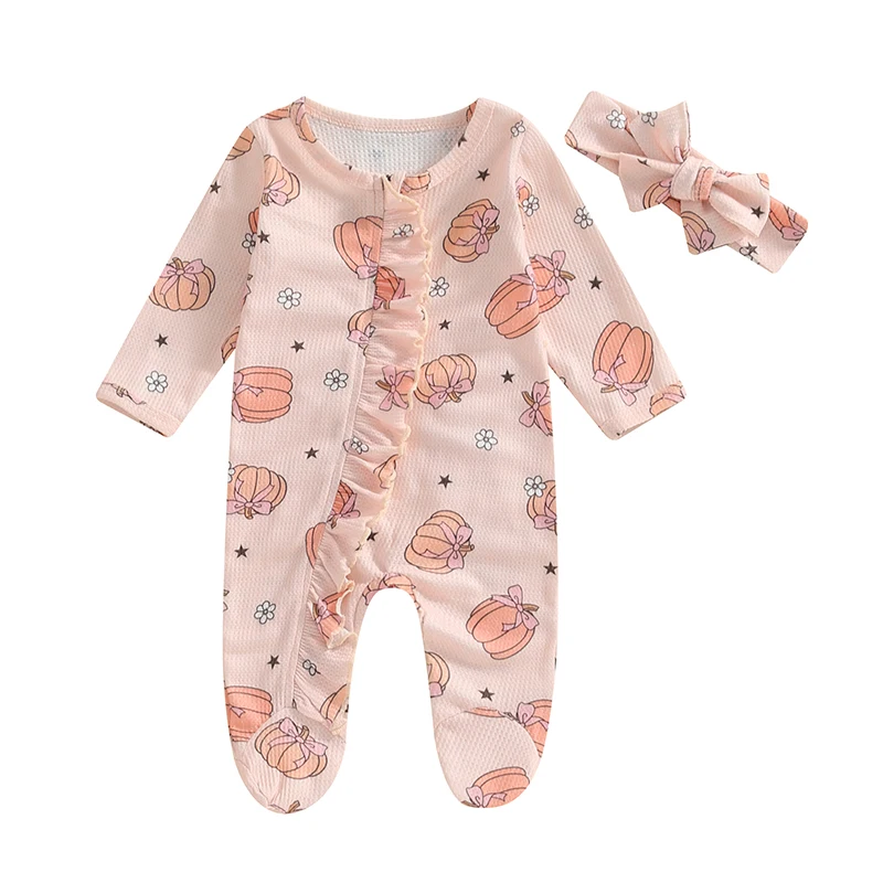 Baby Girls Romper Footie Halloween Clothes Pumpkin Print Long Sleeve Frill Zip Jumpsuits with Headband Sets for Newborn Infant