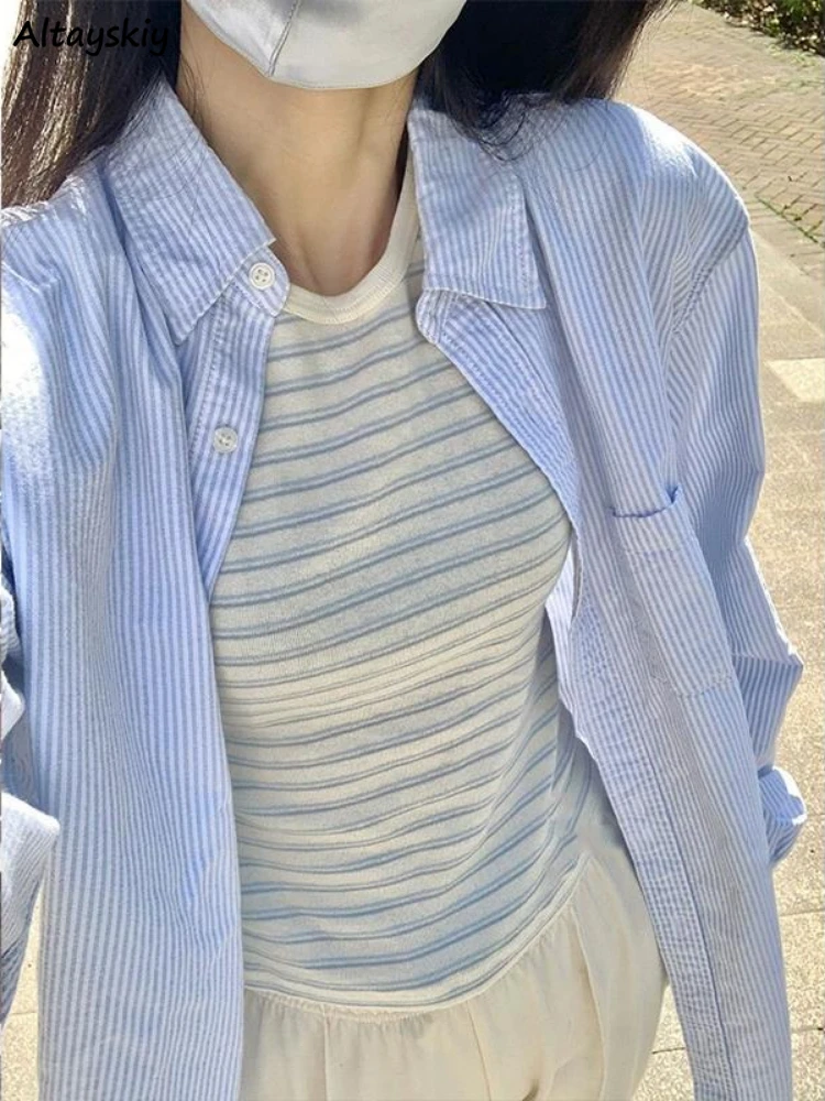 

Blue Striped Shirts Women Long Sleeve Loose Korean Fashion Summer Sun-protection Cotton Breathable Soft Chic Classic Stylish BM