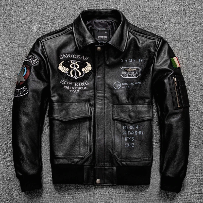

2025 Black Autumn Pilot Leather Jacket Men Military Style Plus Size 5XL Genuine Natural Cowhide Italy Flight Leather Coat