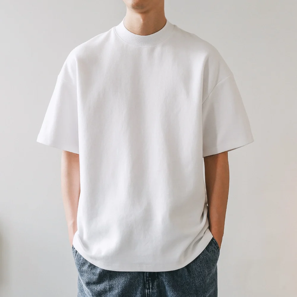 T-shirty z małą szyją męskie 350gsm bawełna jednokolorowa męska koszulka z krótkim rękawem wiosna lato luźna koszula z krótkim rękawem Casual t-shirty