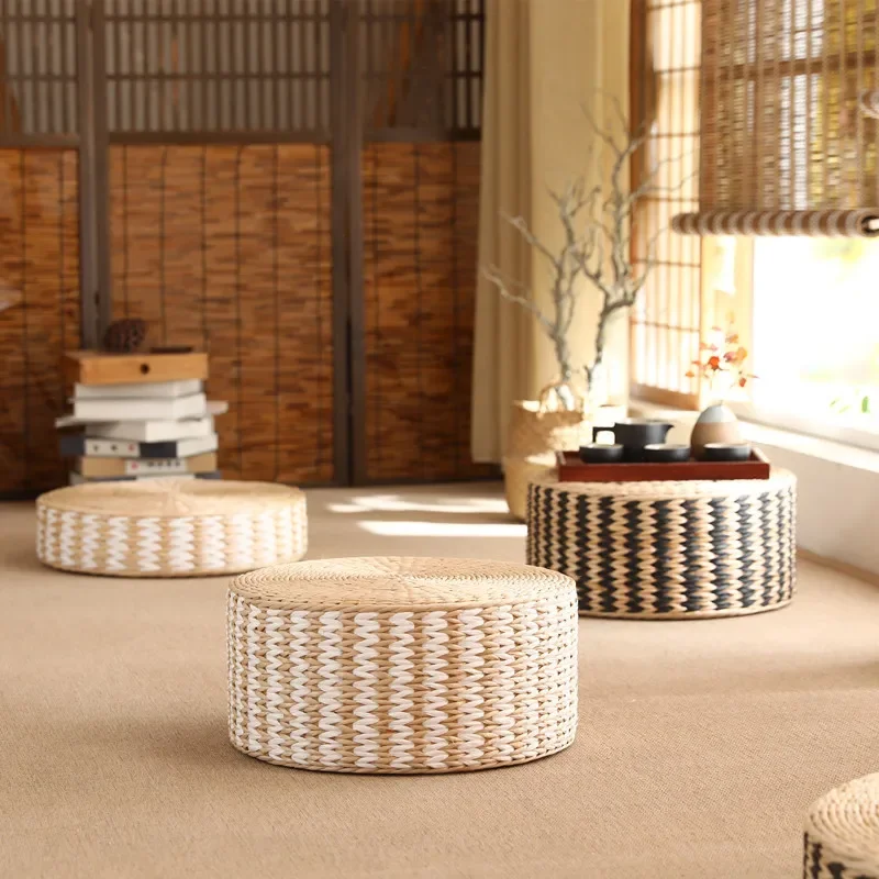 Cojín de Tatami paja tejida japonesa, cojín redondo suelo Zafu, asiento estera meditación, Yoga, taburete otomano 40/45cm