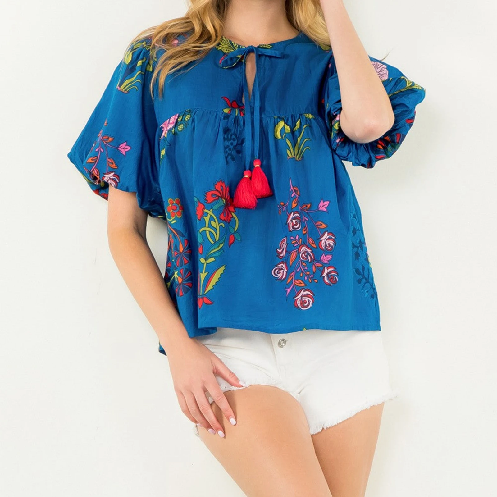 Holiday Floral Print Blouse Tops for Women Summer Fashion Causal Loose Round Neck Bubble Short Sleeve T Shirt