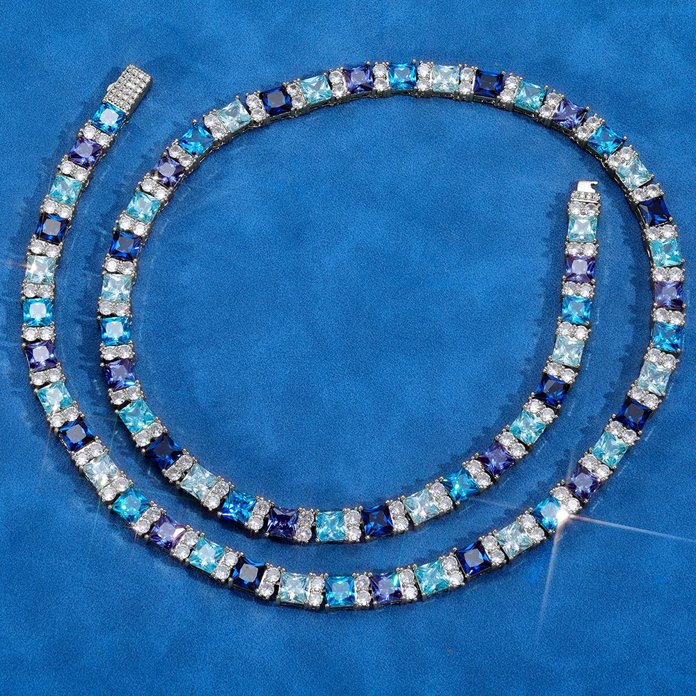 HHIOK New Iced Out Blue Gradient Tennis Necklace Luxurious Blue Square Gemstone 5A CZ Hip Hop Men's and Women's Bracelet Jewelry