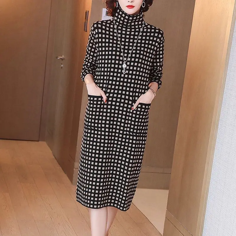 

Casual Turtleneck Midi Dress Autumn Winter Long Sleeve Women's Clothing Stylish Plaid Pockets Spliced Loose Straight Dresses New