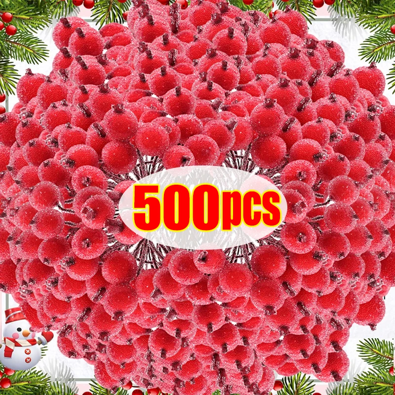 Double Head Frosted Red Berries Artificial Christmas Fake Berry Stamen Xmas Tree Wreath Ornaments New Year Party Decor Supplies