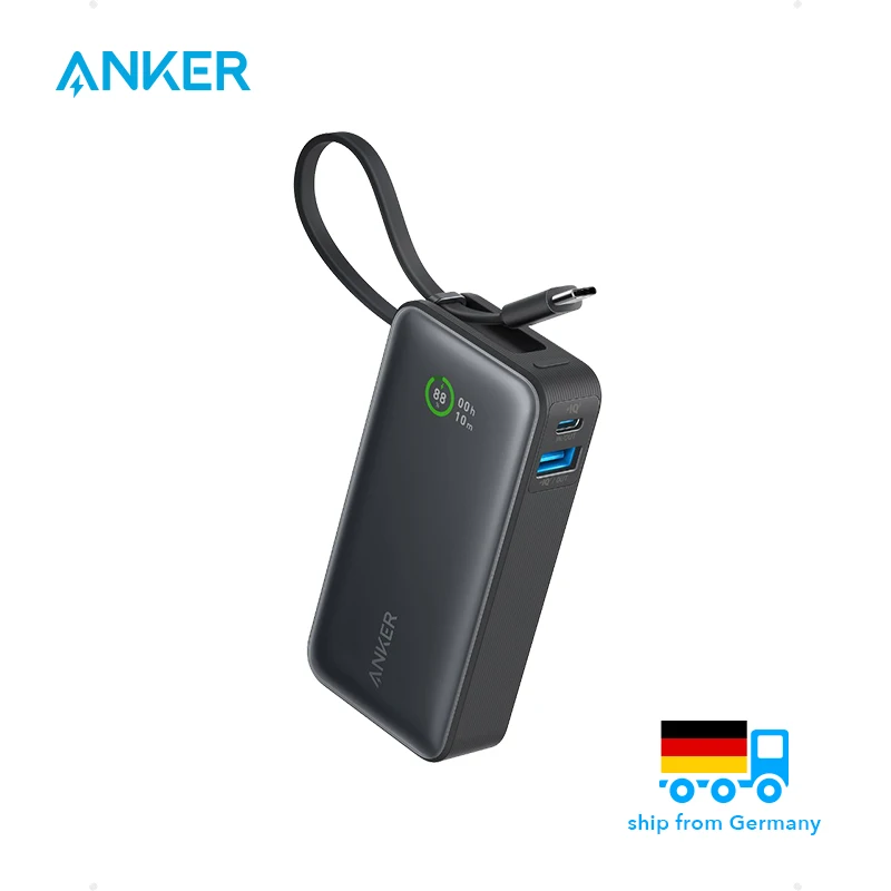 Anker Nano Power Bank, 10,000mAh Portable Charger with Built-In USB-C Cable, 30W Max Output, for iPhone 16/15 Series, MacBook