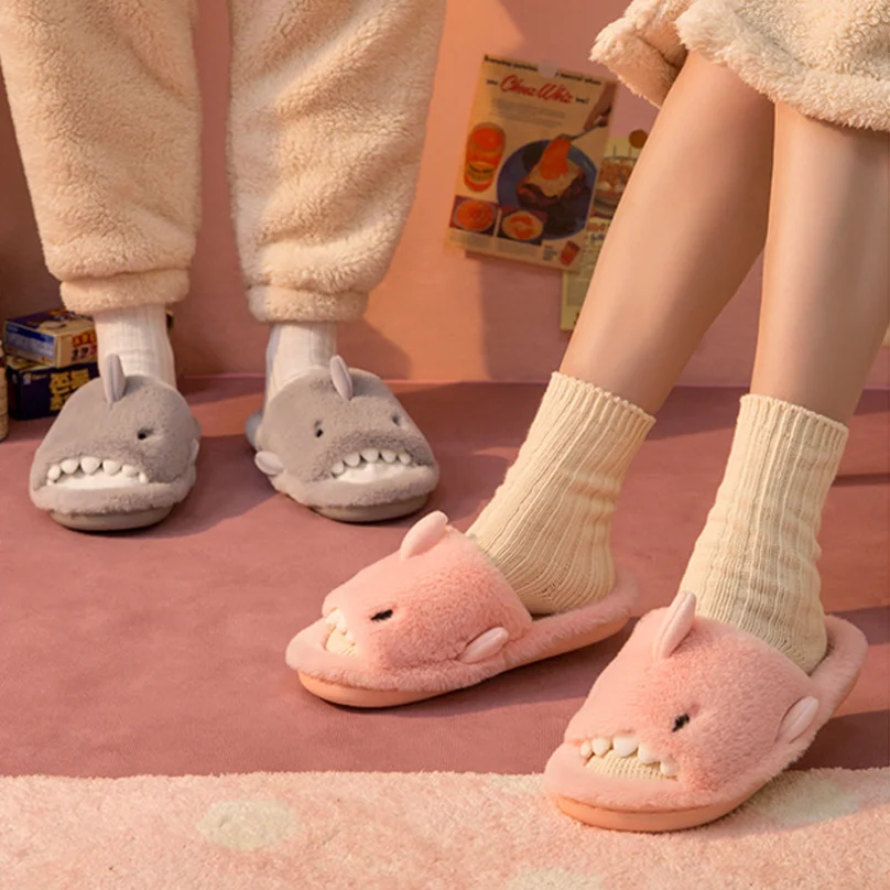 

Female Slipper Shark Home House Women Winter Warm Anti Skid Indoor Fur Contton Plush Fluffy Lazy Fuzzy Cartoon Cute Kawaii Shoe