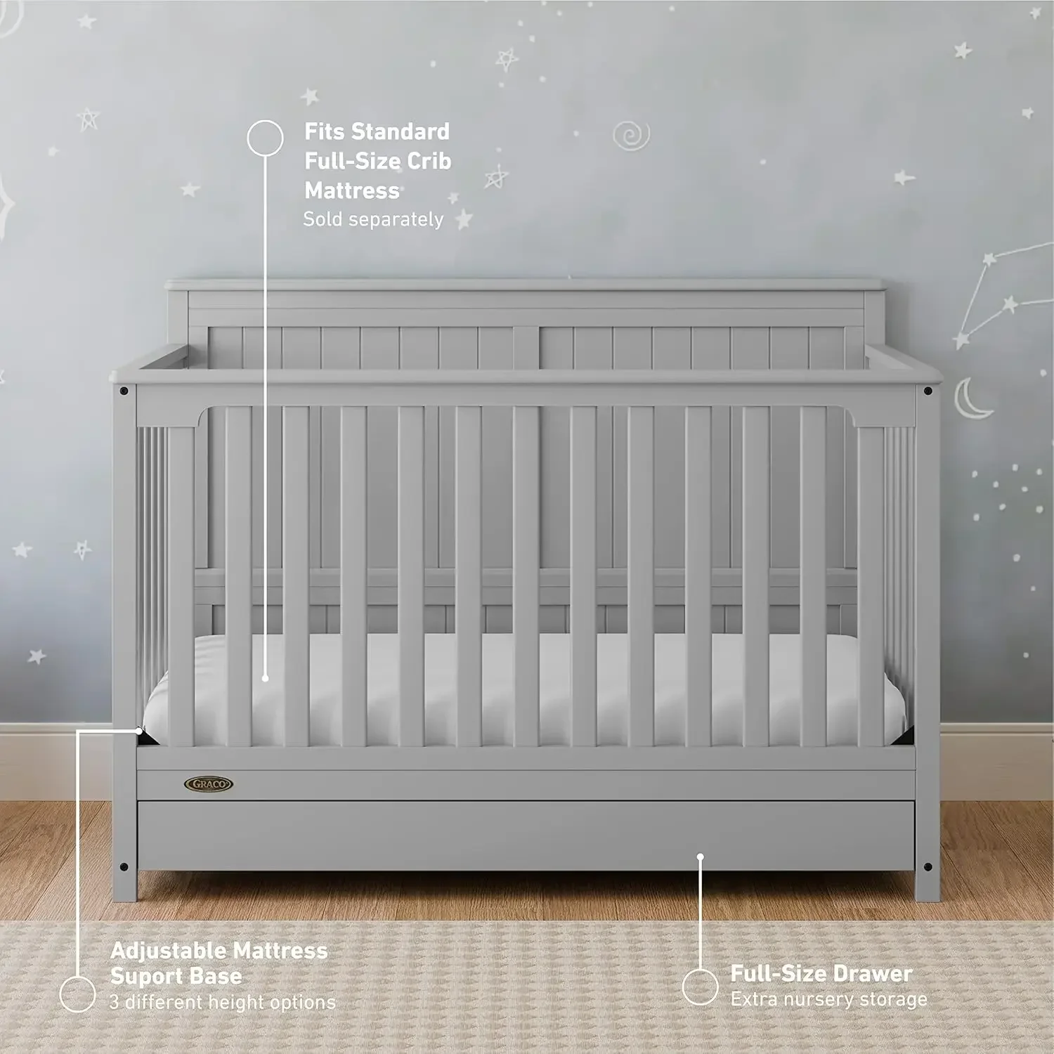 Hadley 5-in-1 Convertible Crib with Drawers Crib with Drawer Combo Full Size Crib Storage Drawer Converts To Toddler Bed