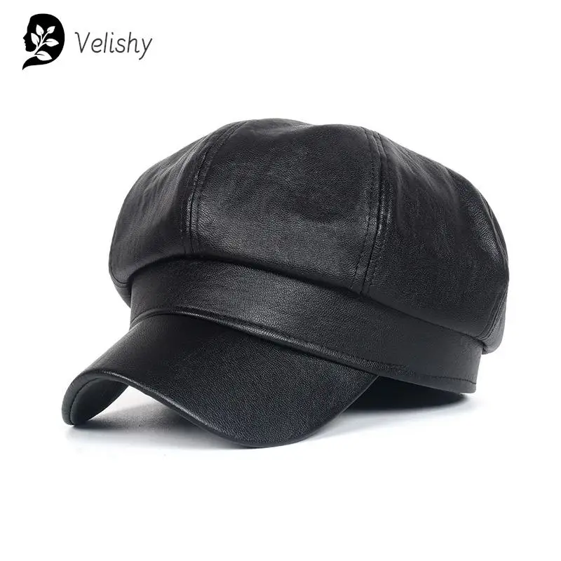 Unisex PU Leather Caps for Black Flat Top Captain Cap Travel Cadet Hat