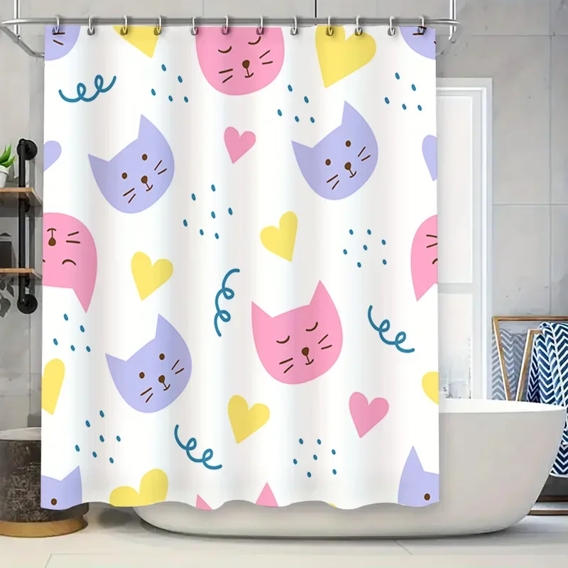 

Brightly Colored Shower Curtain with Cat Print White Waterproof Fabric Bathroom Decor for Kids Room or Bedroom Available in Mult
