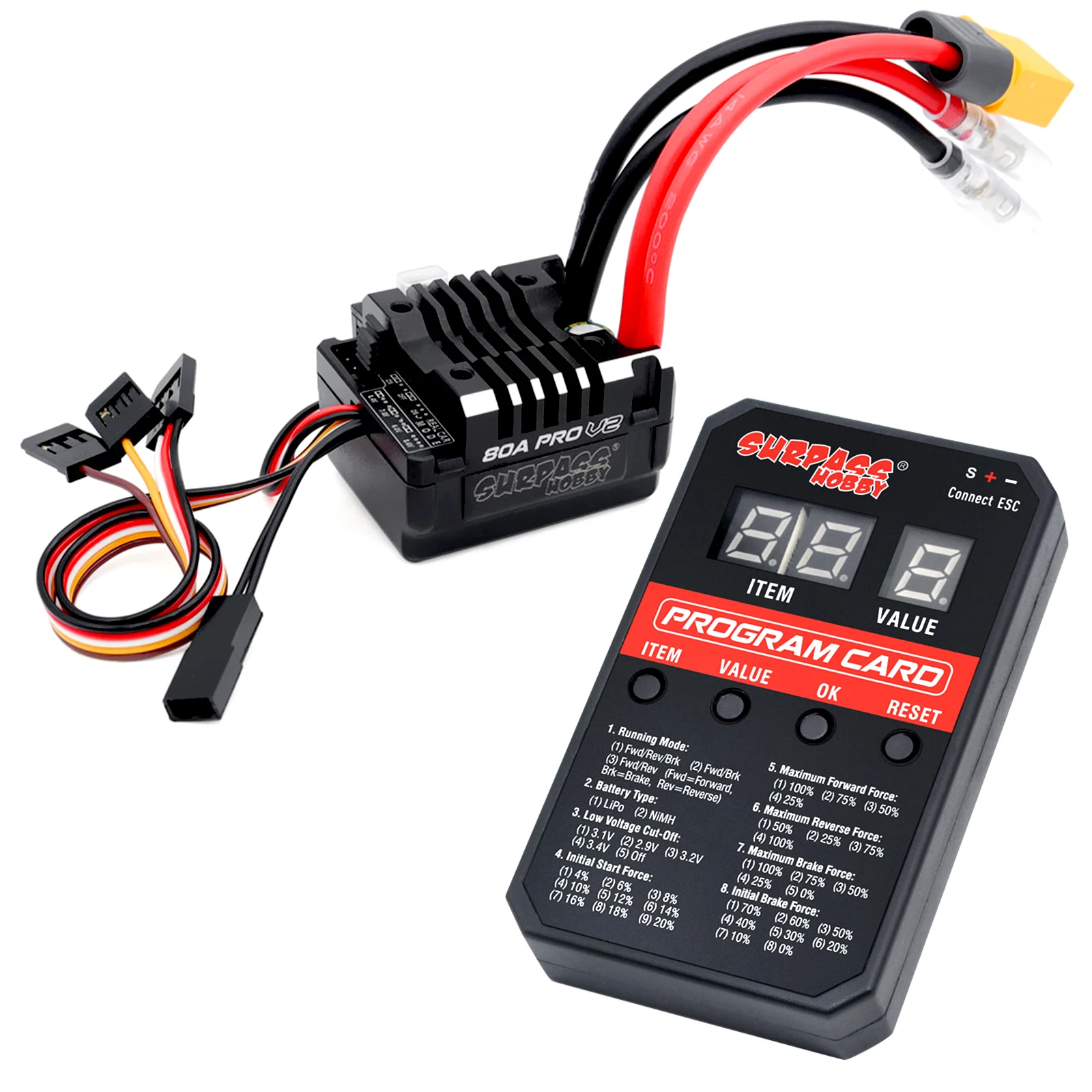 

OGRC 2S-3S LiPo 80A Brushed ESC Electronic Speed Controller with ESC Programming Card for 1/10 RC Car RC Boat (XT60 Plug)