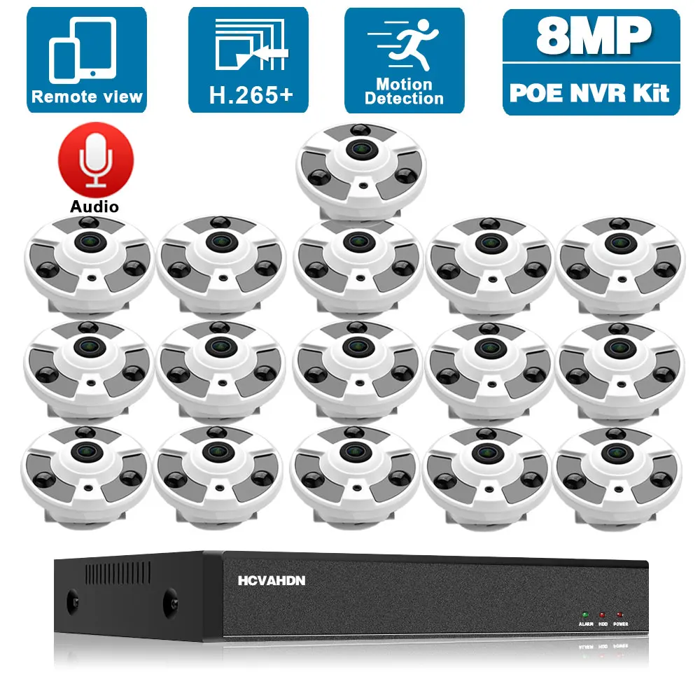 POE Fisheye CCTV Camera Security System Kit 4K 16CH NVR Set Indoor Home 360 Panoramic IP Camera Video Surveillance System Set