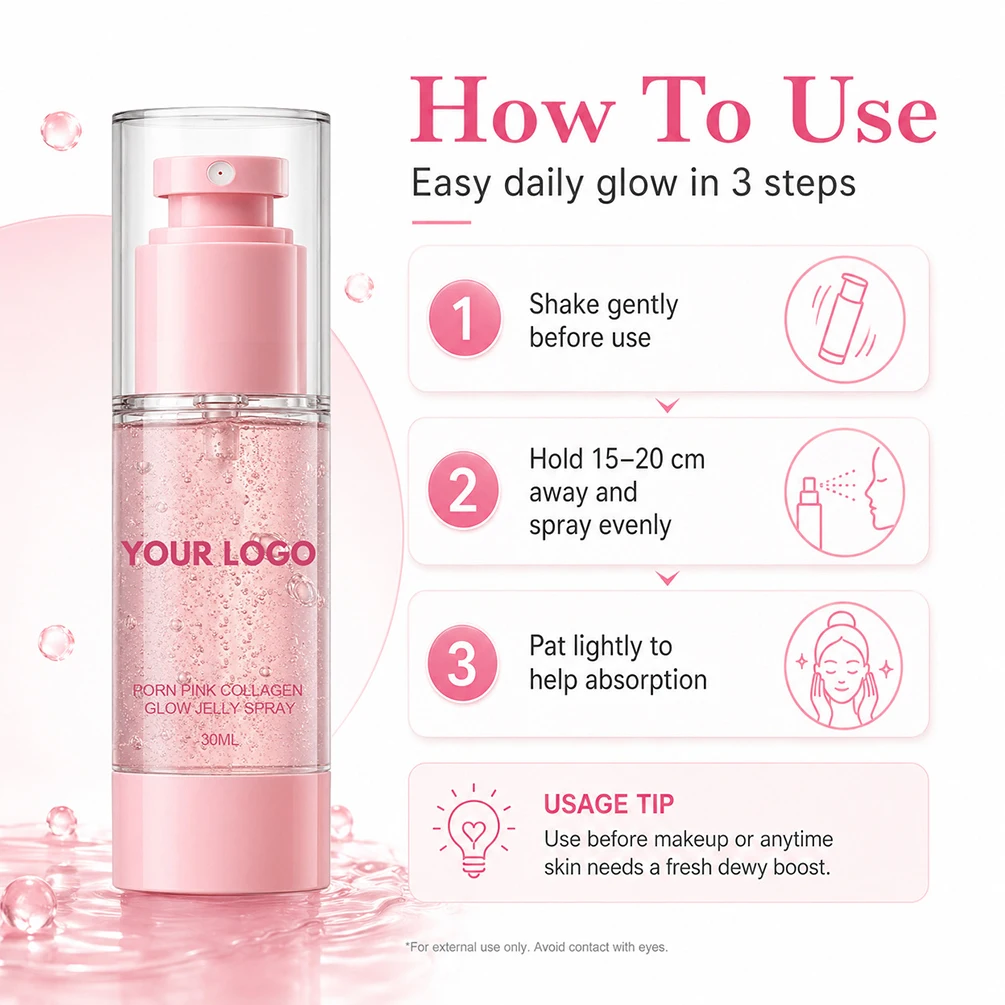 30ml Pink Collagen Glow Gel Spray Custom Logo Jelly Serum Long Lasting Lightweight Hydrating Smooth Private Label Makeup Bulk