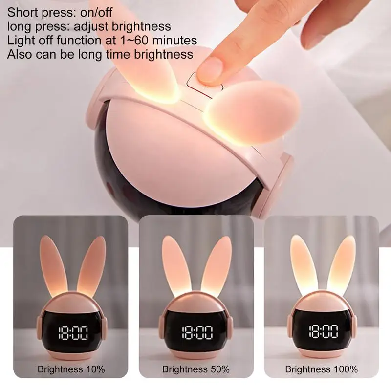 Rabbit Alarm Clock Rainbow Animal Lamp Three Ways Wake Up Rechargeable Bedside Clock Creative Timing Night Light For Bedroom