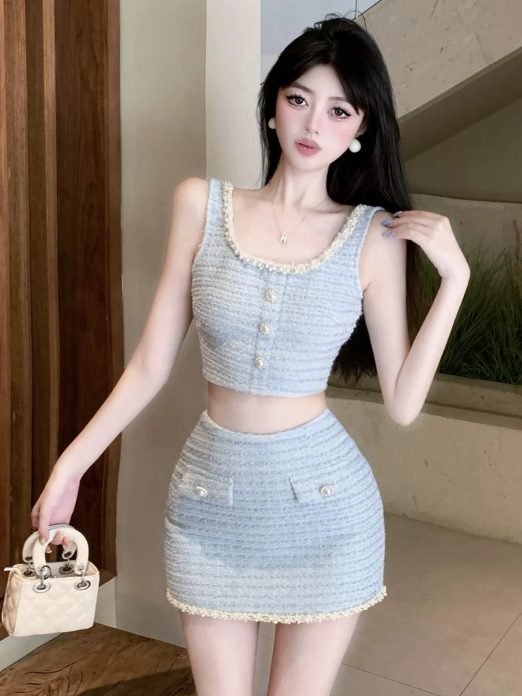 

Small Fragrance Style French Socialite Beaded Tweed Top Two-Piece Set New Summer High Waist Woolen Short Skirt 2 Piece Outfits