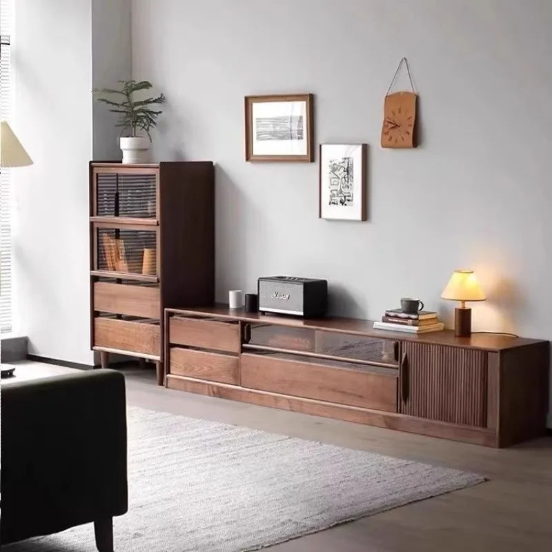 

Black walnut solid wood TV cabinet, simple medium and ancient style living room household small apartment storage locke
