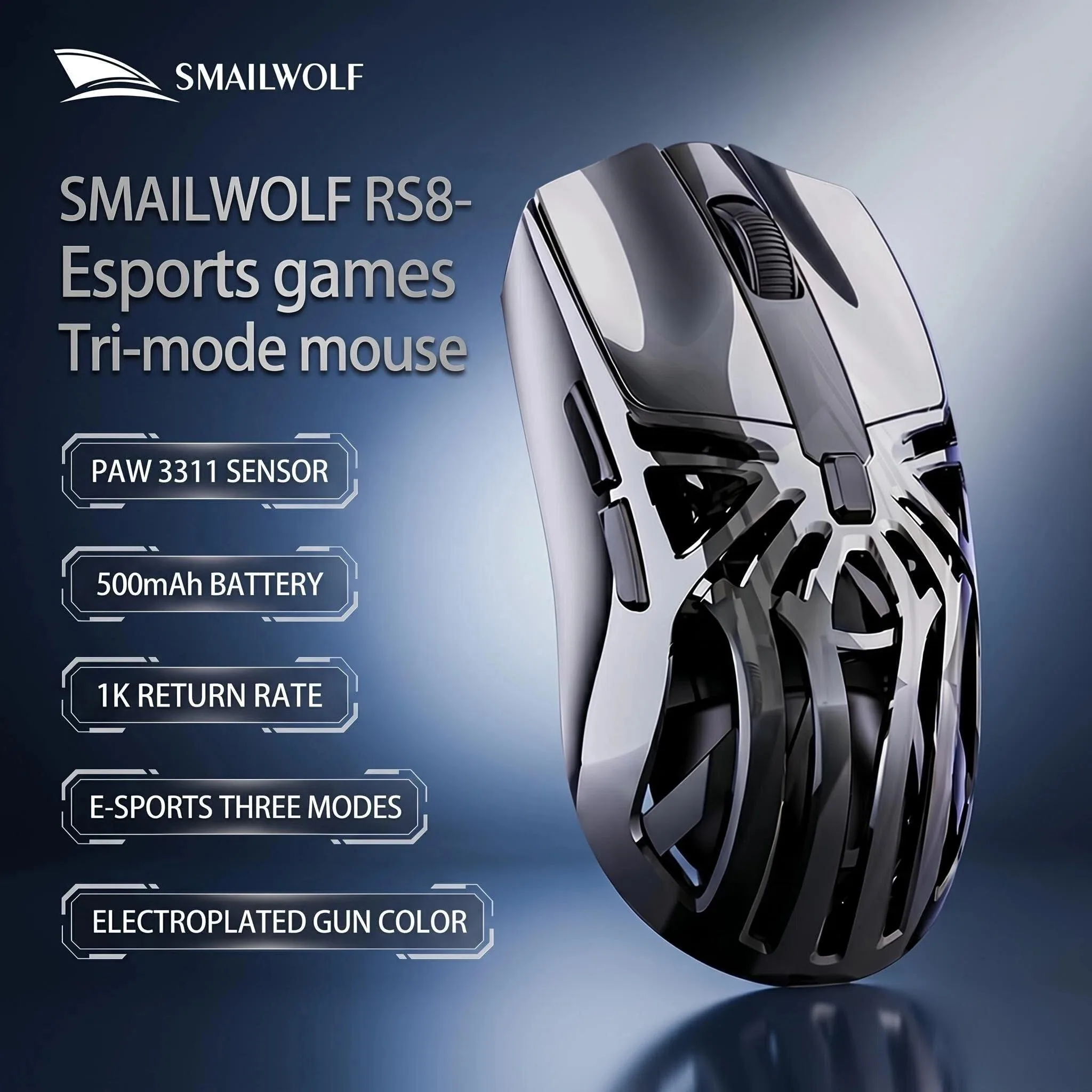 Mouse Gamer Sem Fio SMAILWOLF RS8 2026 NOVO, Bluetooth Três Modos, PAW3311 1KHZ, Formato Aranha, Ideal para Mãos Grandes