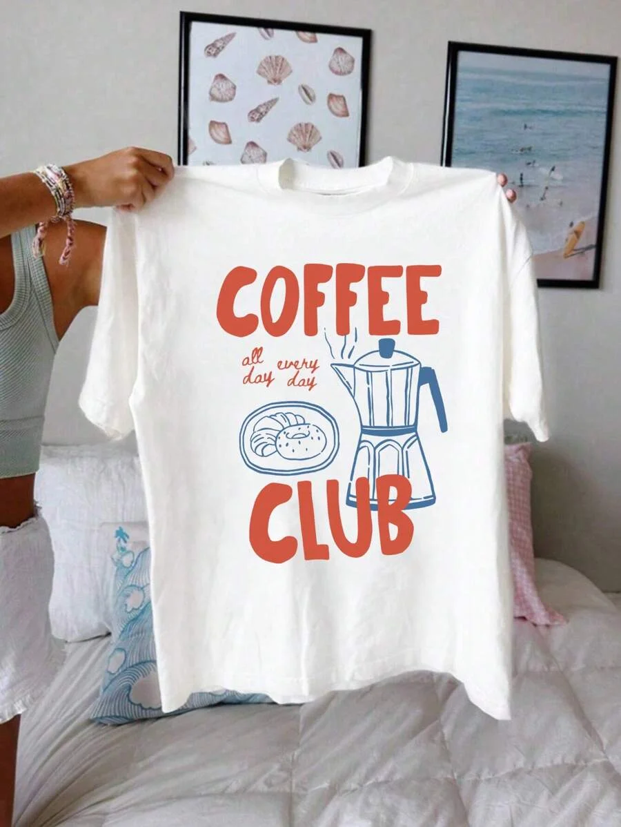 

Plus - Size Coffee Club Graphic Tee, White Short - Sleeve T - shirt with Coffee Pot & Food Print
