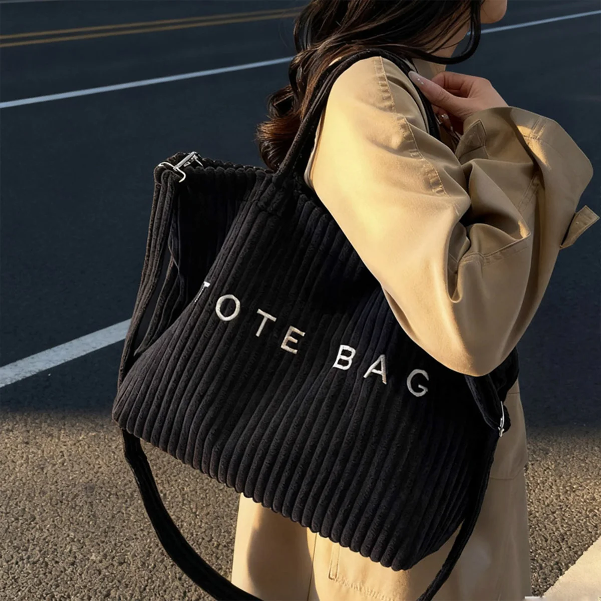 

Multifunction Fashion Striped Shoulder Bag Featuring Letter Solid Color Large Capacity Soft Material Velcro Detachable Strap
