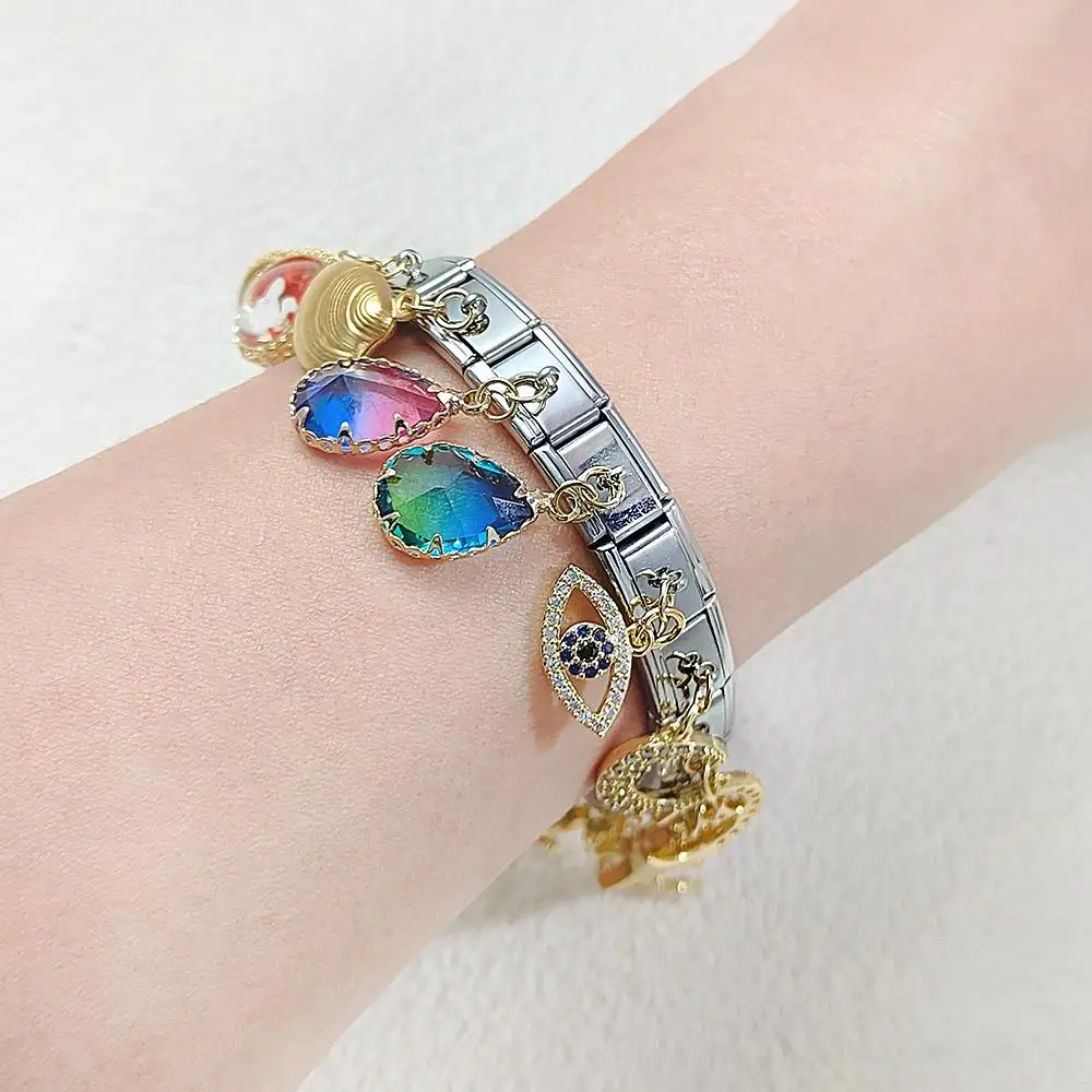 URING Rainbow Color CZ Waterdrop Flower Pendant Italian Charm Link Fit 9mm Stainless Steel Bracelet Making DIY Making Jewelry