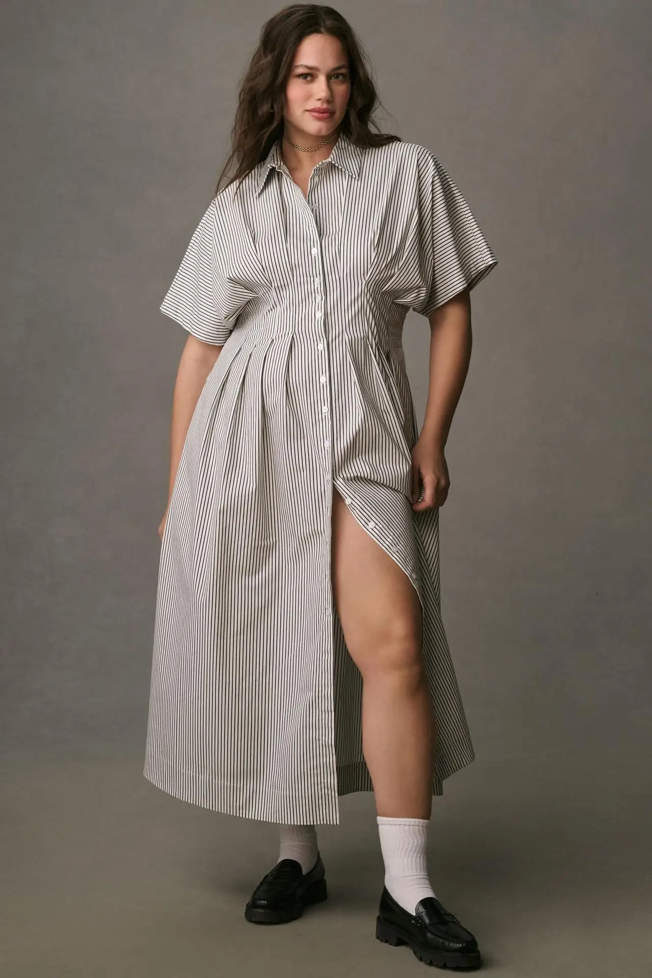 2025 novas roupas femininas vento lapela gola listrado breasted cintura vestido fino camisa longa europeu e americano