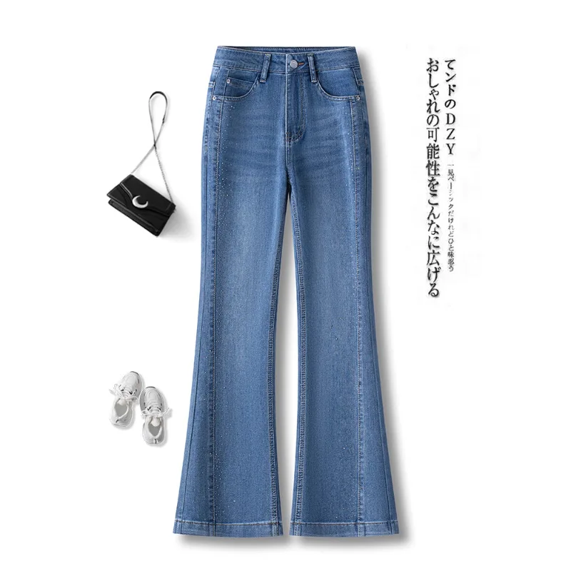 

Rhinestone Flared Jeans for Women, Spring and Autumn, Elegant Slimming Bootcut Pants, Petite Fashion Bell-bottom Pants