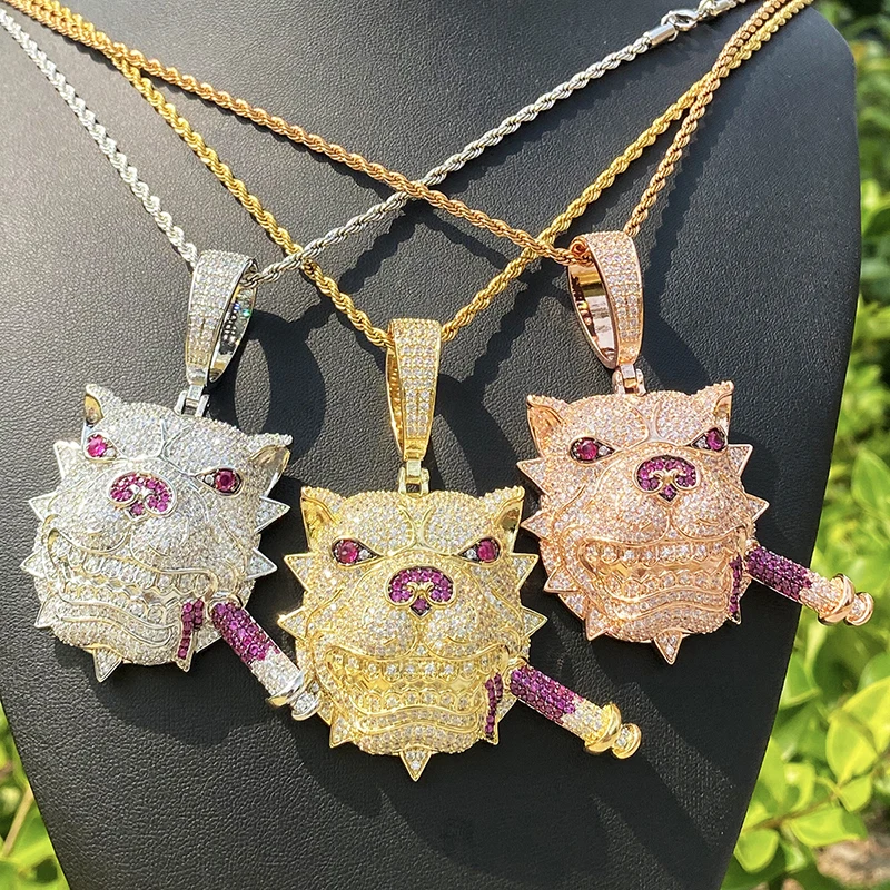 Hip Hop 5A+ CZ Stone Paved Bling Ice Out Cool Smoking Dog Pendants Necklaces for Men Rapper Jewelry Rose Gold Silver Color