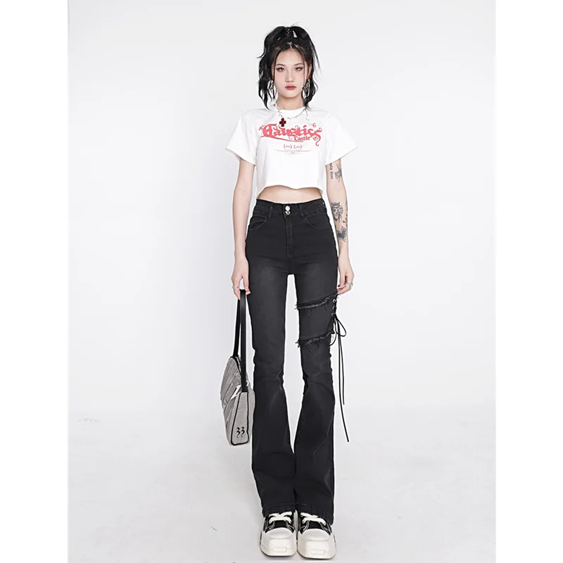 Women's Clothing Flare Jeans Black Lacing High Waist Stretchy Self Cultivation Vintage Casual Baggy Ladies Denim Trouser Summer