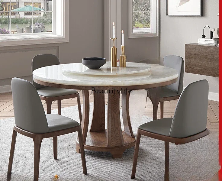 

FG11Pure Natural White Ice Jade Marble round Dining Table Full Set of Solid Wood