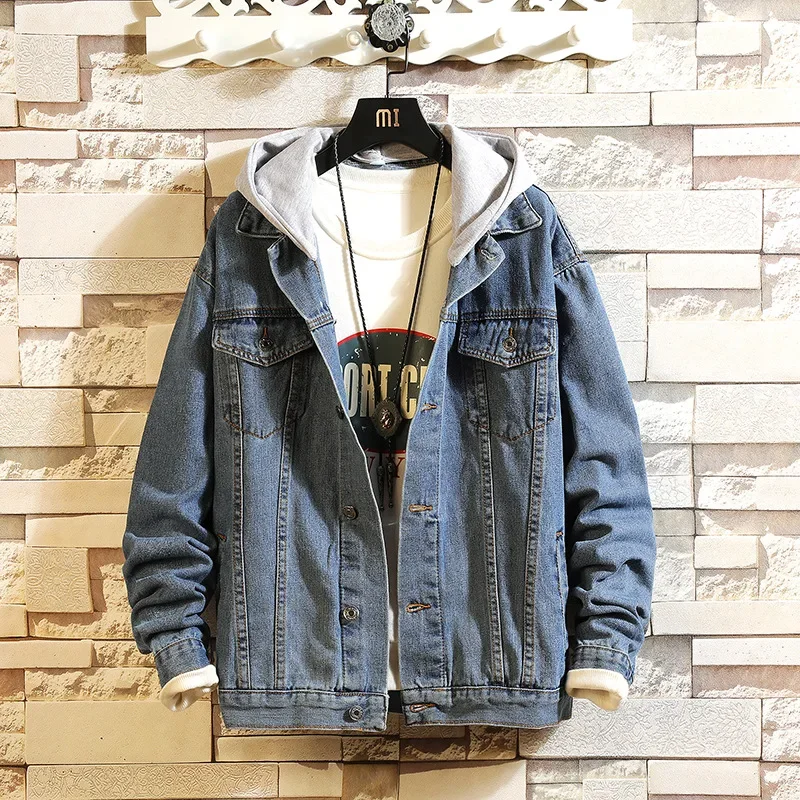 

Washed Denim Jackets Men Hooded Coat Cardigan Jacket Outerwear Single Breasted Spliced Long Sleeve Casual Loose Pockets