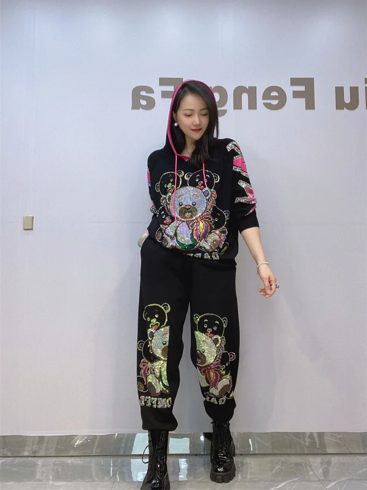 Fashion Pant Sets Women Spring and Autumn Long-Sleeved Cartoon Bear Rhinestone Hoodie Coat Sportswear Two-Piece Sets Female