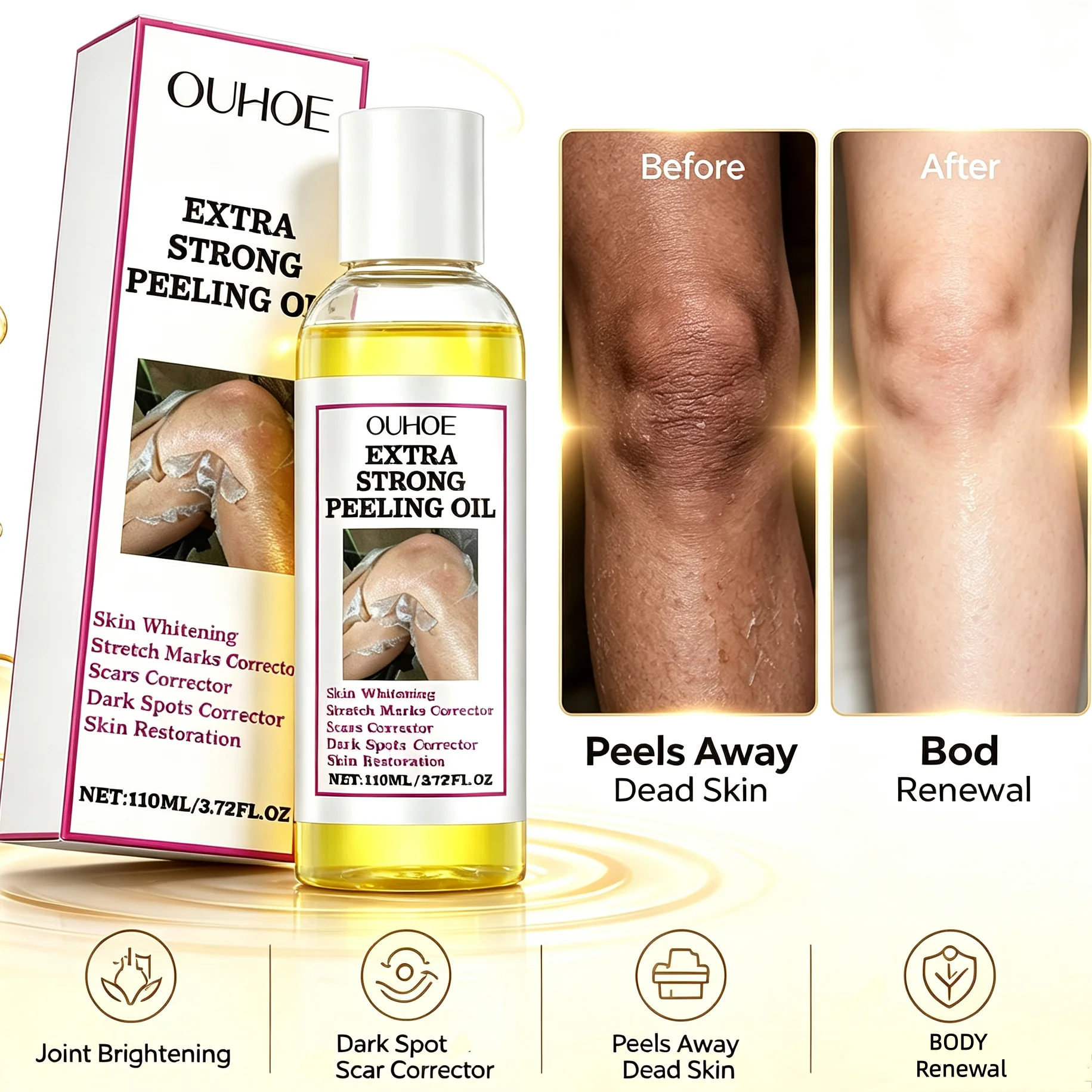 Body Brightening Yellow Peeling Oil,Visible Chemical Peeling&Renewal,Barrier Support&Collagen Restoration&Firming,Deep Hydration&Dark Spot&Hyperpigmentation Corrector,Scars&Stretch Marks Corrector&110ml Large Capacity For Full Body,Vegan