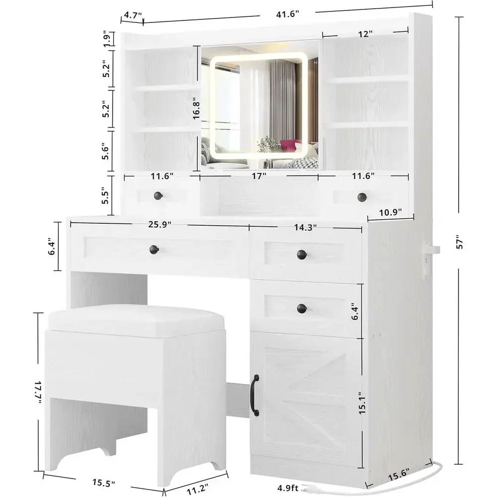 Large LED Lighted Makeup Vanity Table with Storage, 5 Drawers, Cabinet, 7 Shelves, Power Outlet, Stool, White