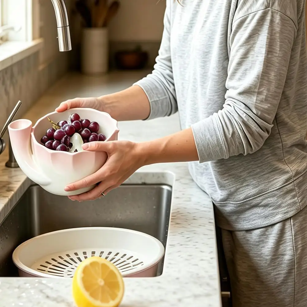 Strawberry Rinse Bowl Ceramic Berry Bowl with Strainer Holes Self-spinning Vortex Fruit Washer 360° Automatic Swirling